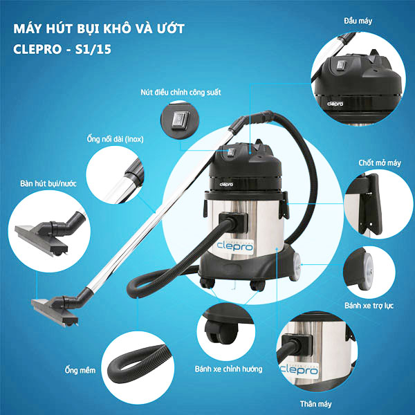 Thiết kế chắc chắn của máy hút bụi khô ướt Clepro S1/15